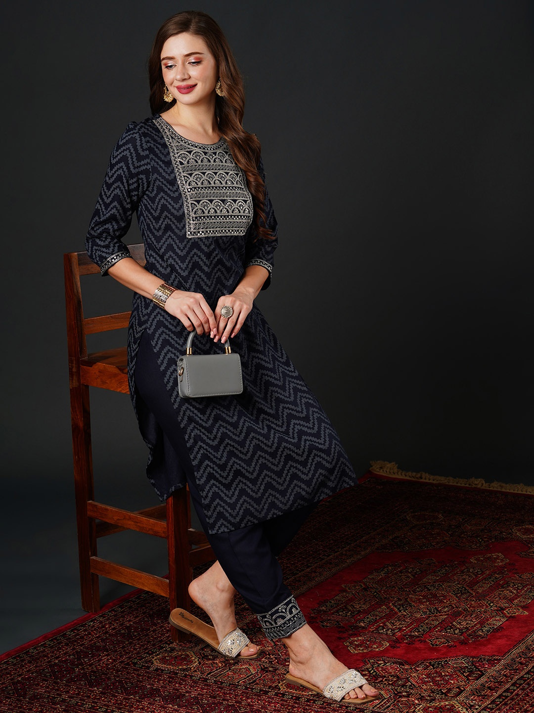 

Anouk Chevron Printed Sequinned Kurta with Trousers, Blue