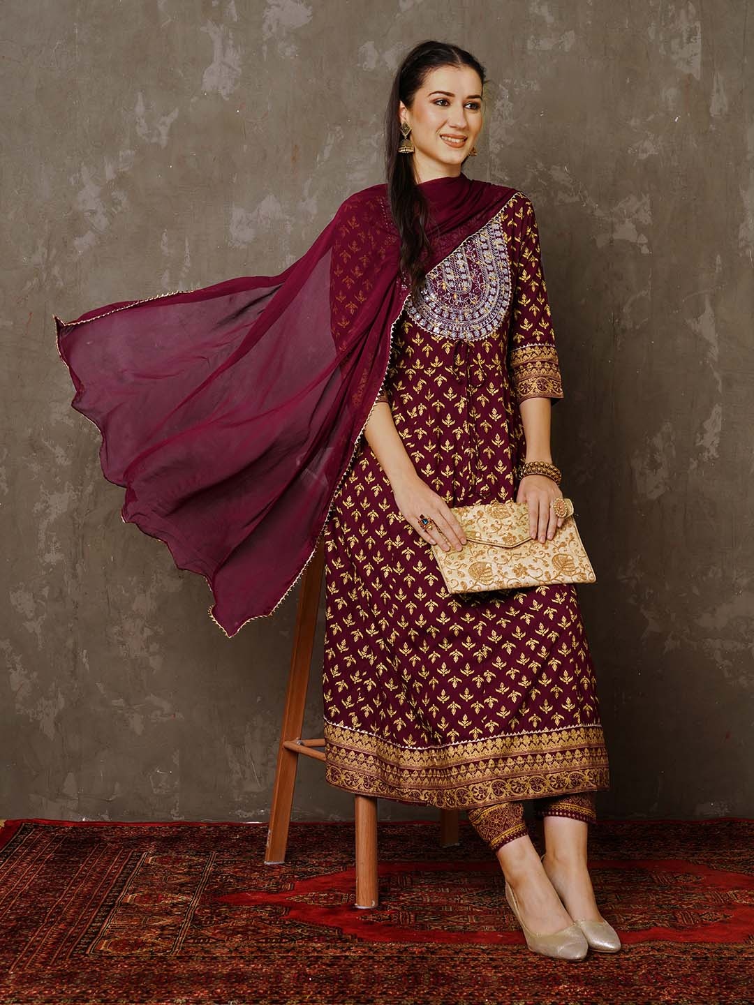 

Anouk Ethnic Motifs Printed Sequinned Kurta & Trousers With Dupatta, Burgundy