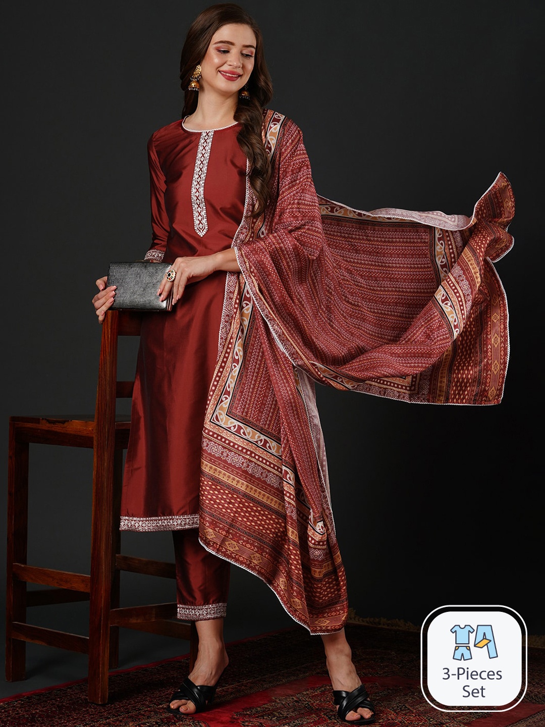 

Anouk Ethnic Motifs Yoke Design Thread Work Kurta & Trousers With Dupatta, Red