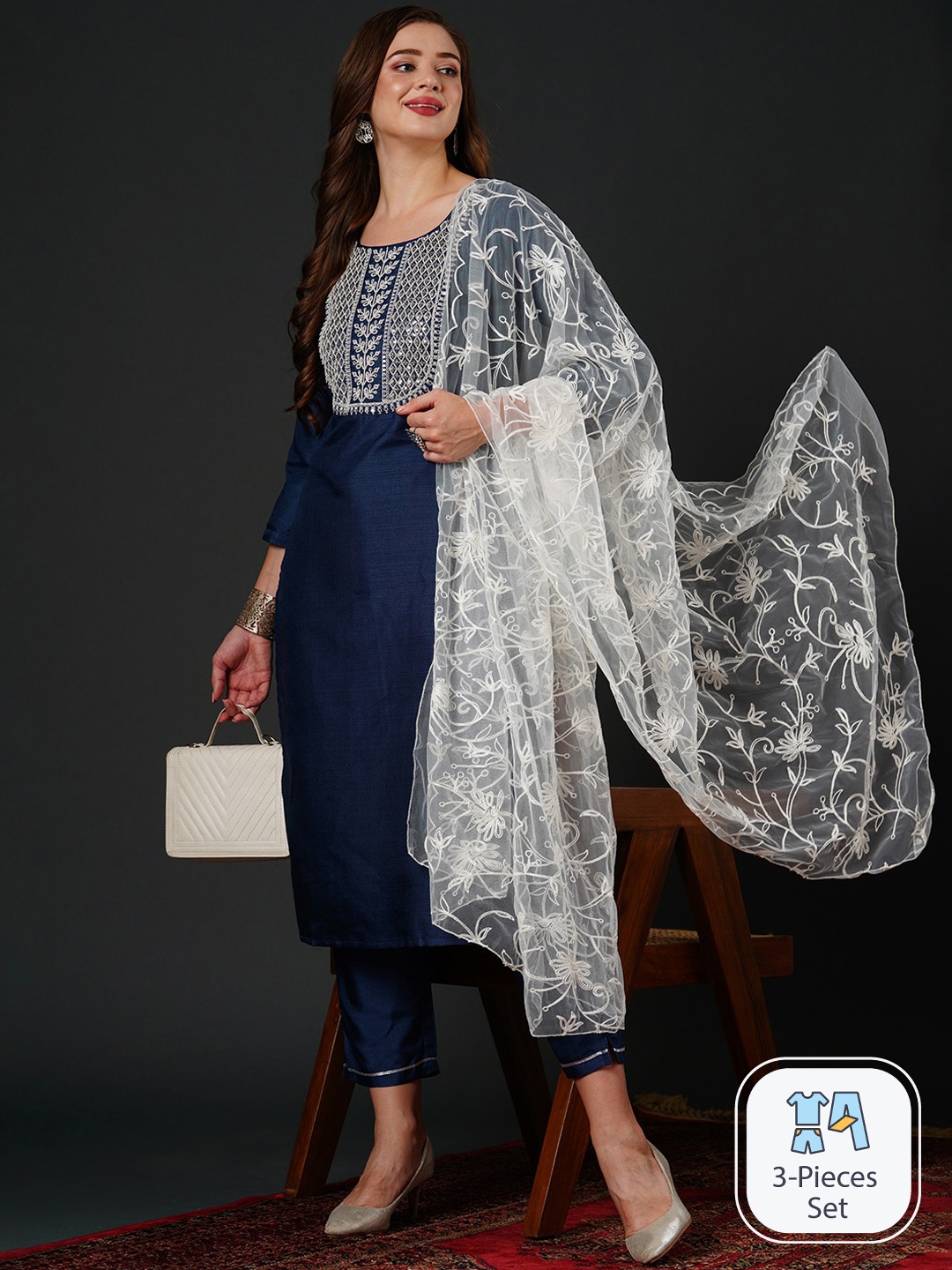 

Anouk Floral Yoke Design Sequinned Kurta & Trousers With Dupatta, Blue