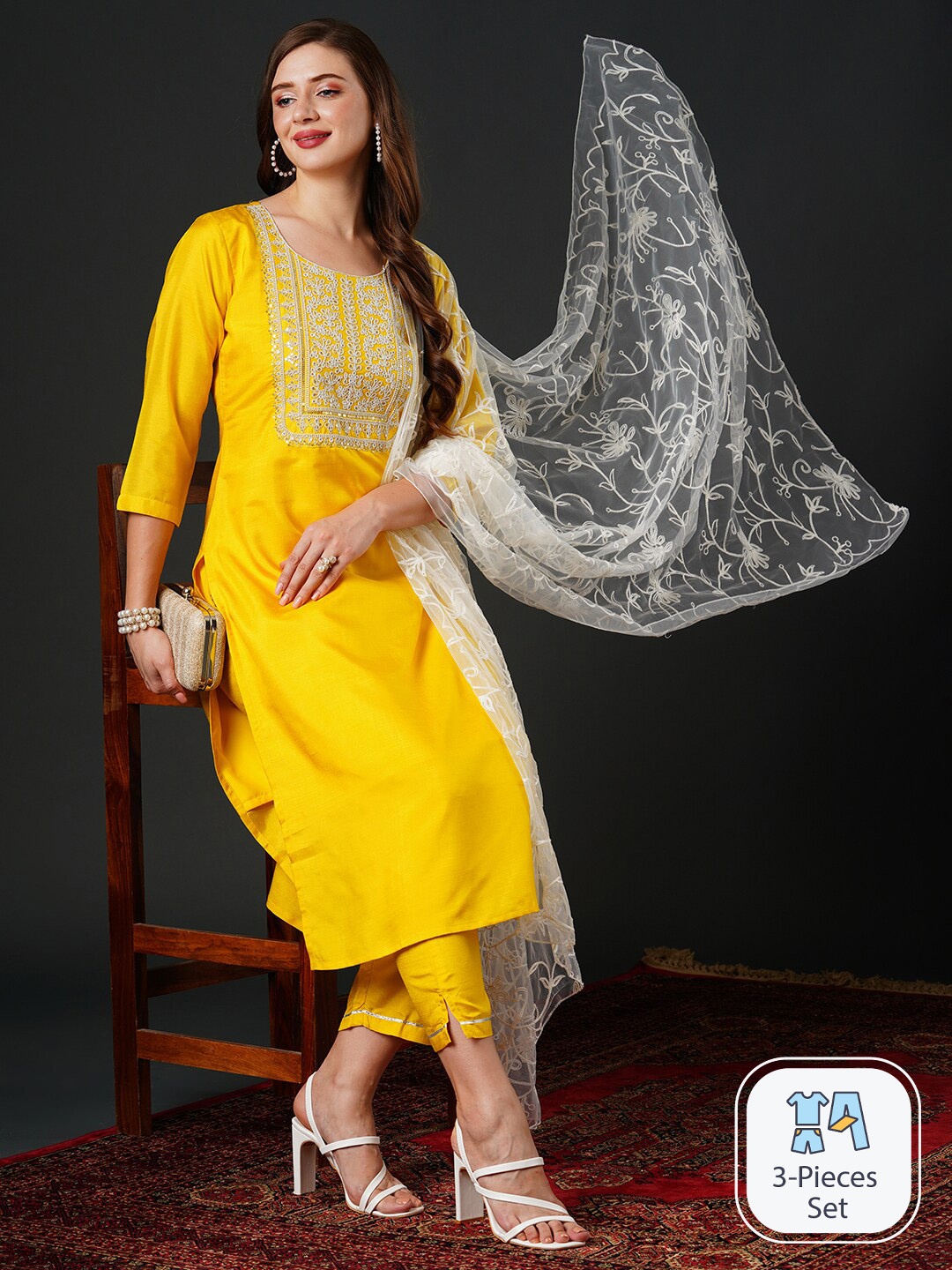 

Anouk Floral Yoke Design Sequinned Kurta With Trousers & Dupatta, Yellow