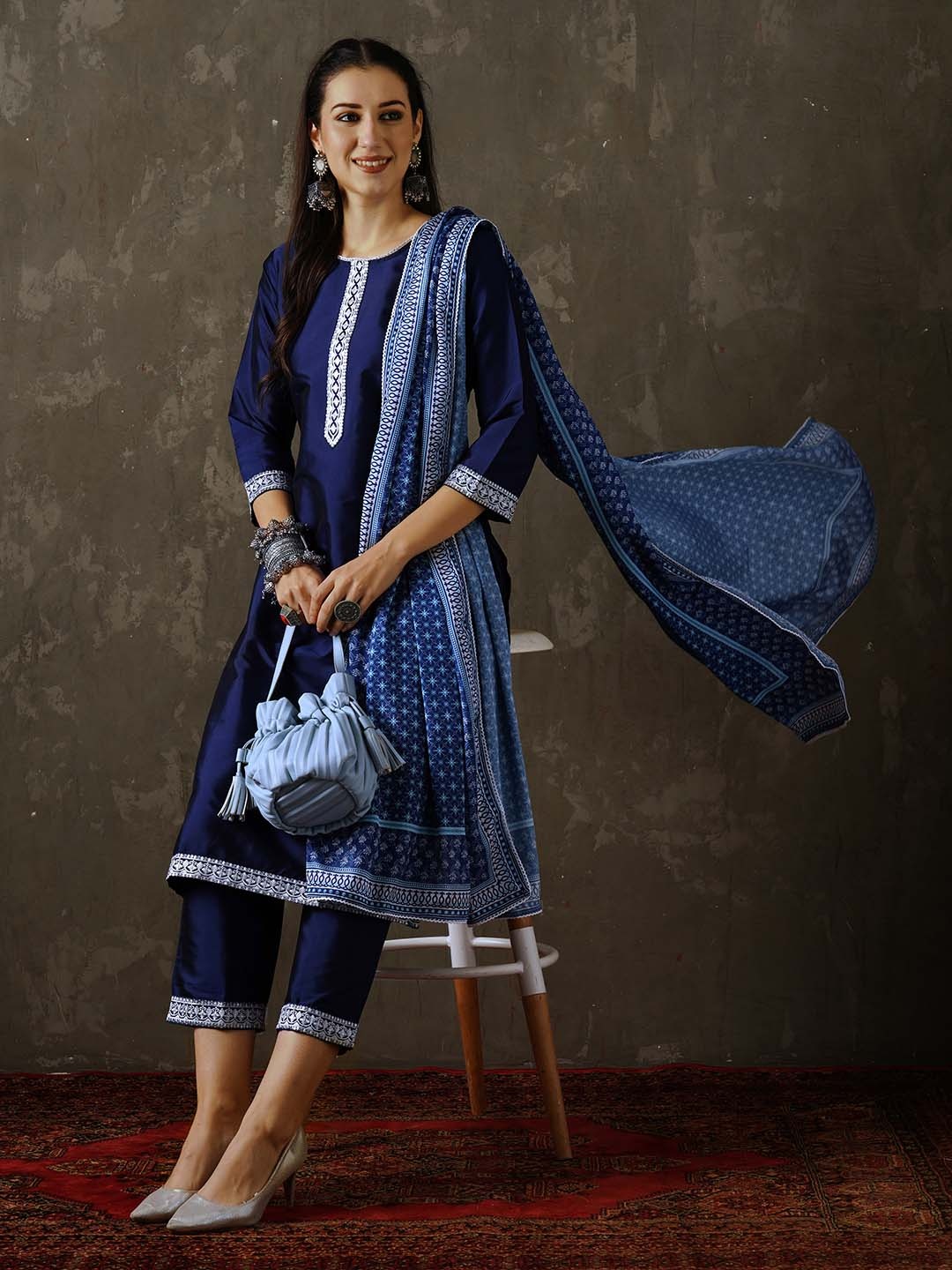 

Anouk Ethnic Motifs Yoke Design Sequinned Kurta With Trousers & Dupatta, Blue