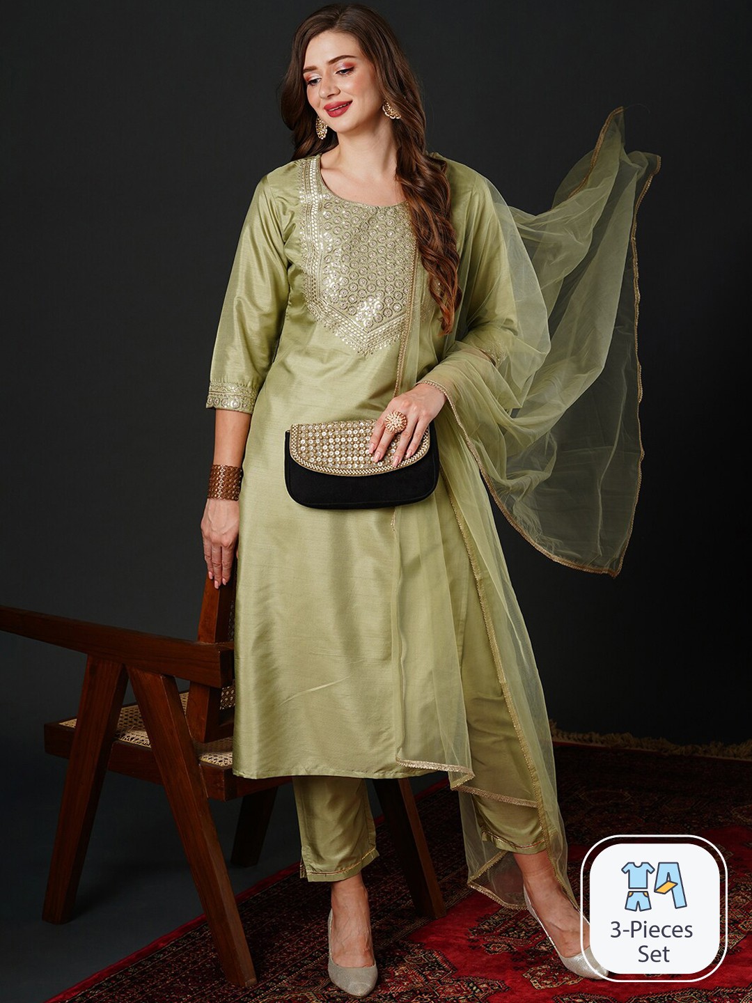 

Anouk Geometric Yoke Design Sequinned Kurta With Trousers & Dupatta, Sea green