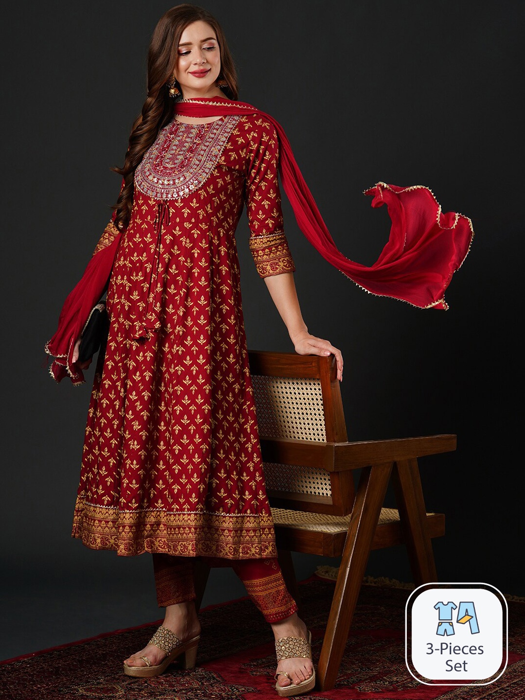 

Anouk Floral Embroidered Empire Sequinned Kurta with Trousers & With Dupatta, Red