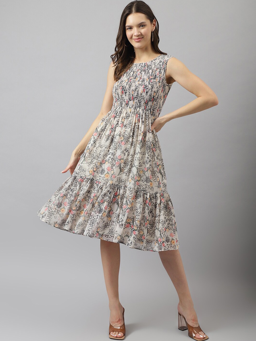 

KERI PERRY Floral Printed Sleeveless Fit & Flare Dress, Off white