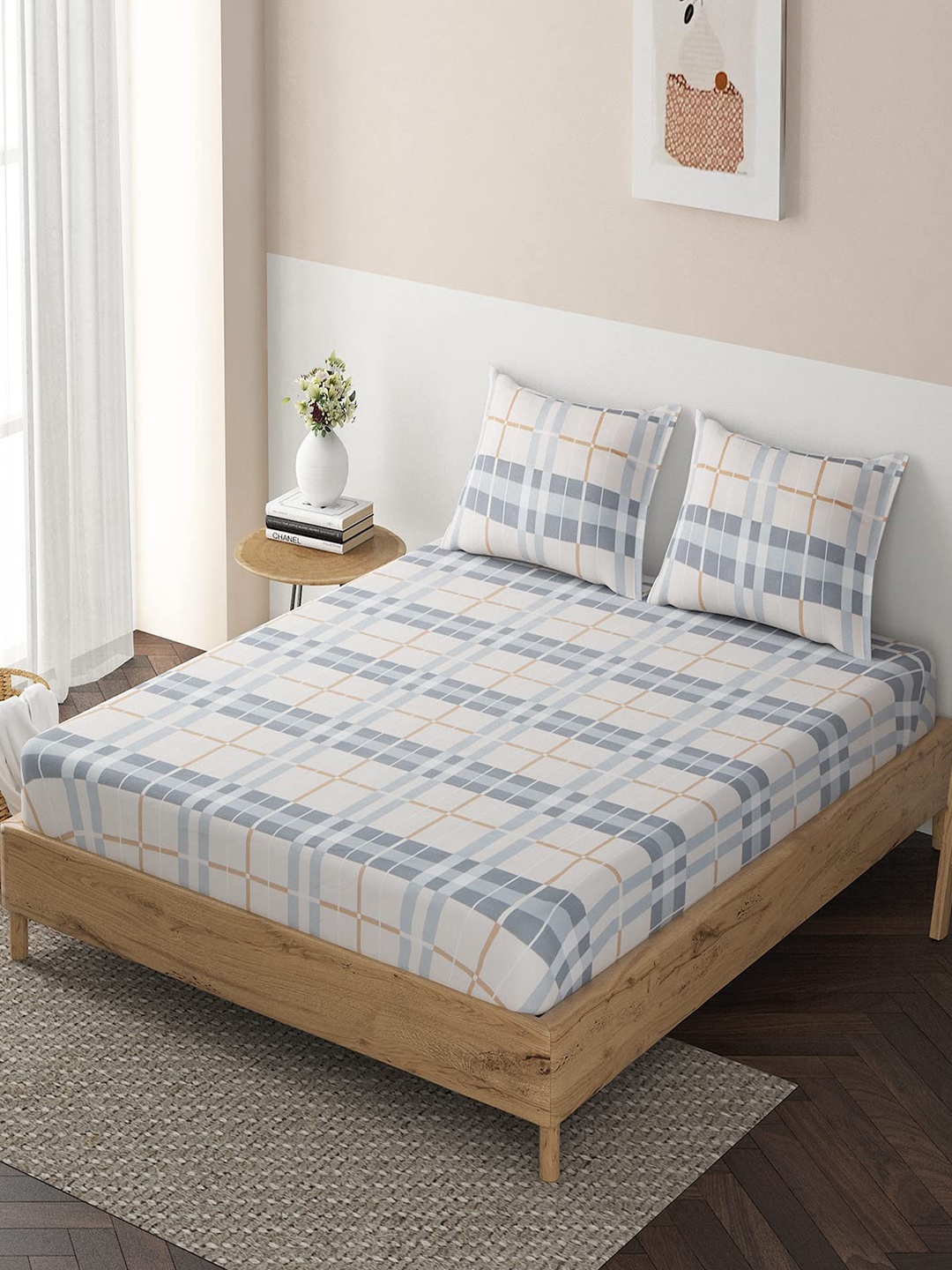

HOKIPO Geometric 140 GSM Single Fitted Bedsheet With 1 Pillow Cover, Grey