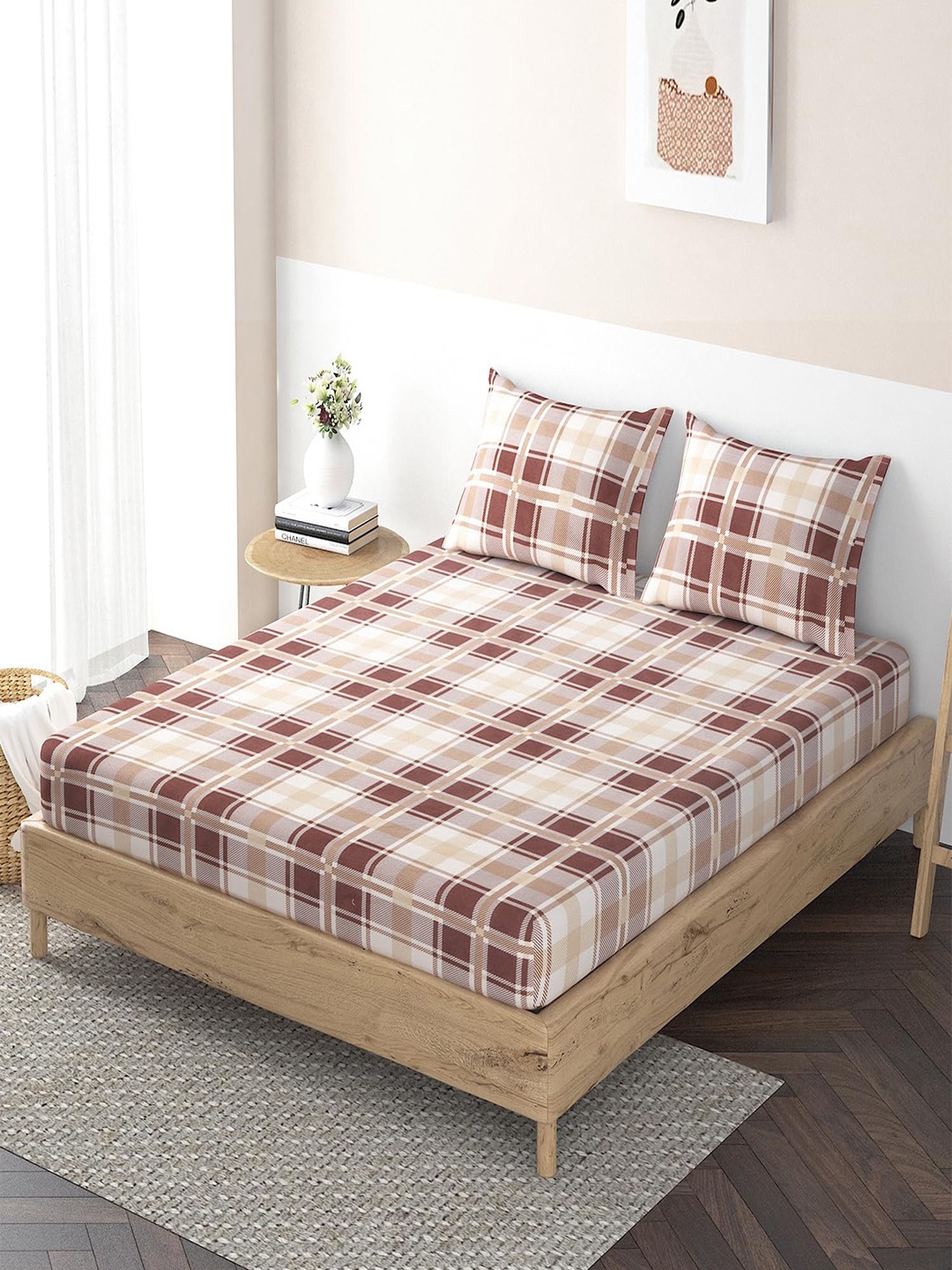 

HOKIPO Geometric 140 GSM Single Fitted Bedsheet With 1 Pillow Cover, Beige