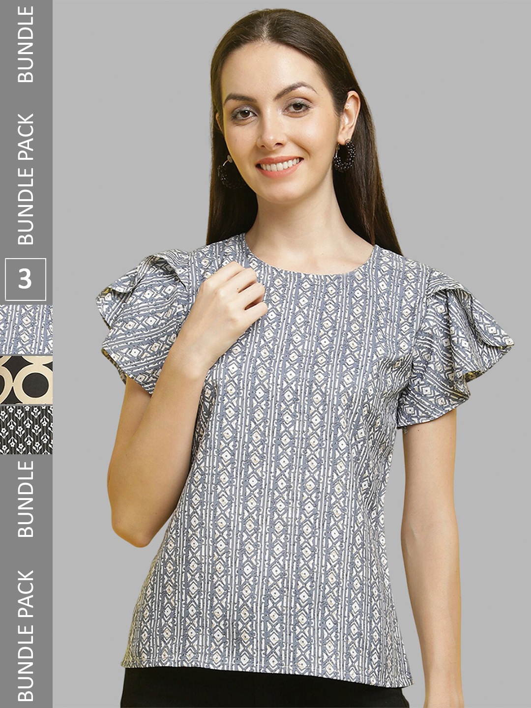 

Poshyaa Pack Of 3 Floral Printed Flutter Sleeve Crepe Top, Grey