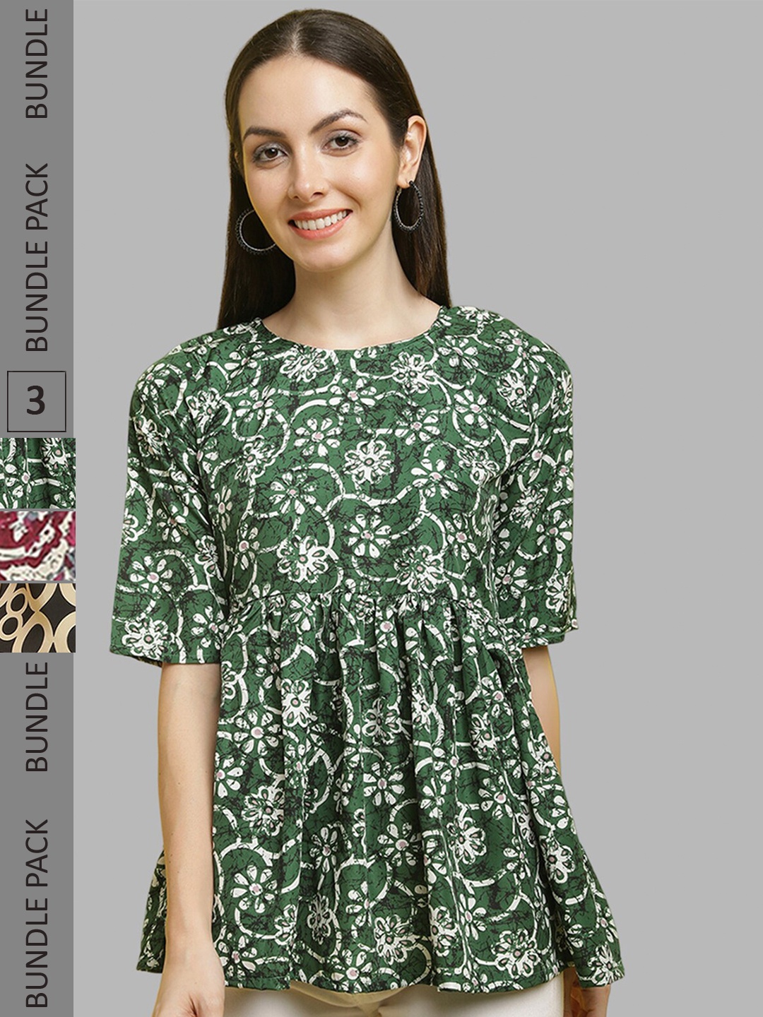 

Poshyaa Pack Of 3 Floral Printed Regular Tops, Green