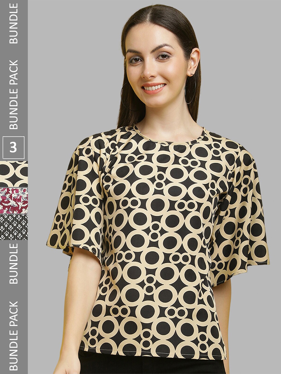 

Poshyaa Pack Of 3 Floral Printed Flutter Sleeve Crepe Tops, Maroon