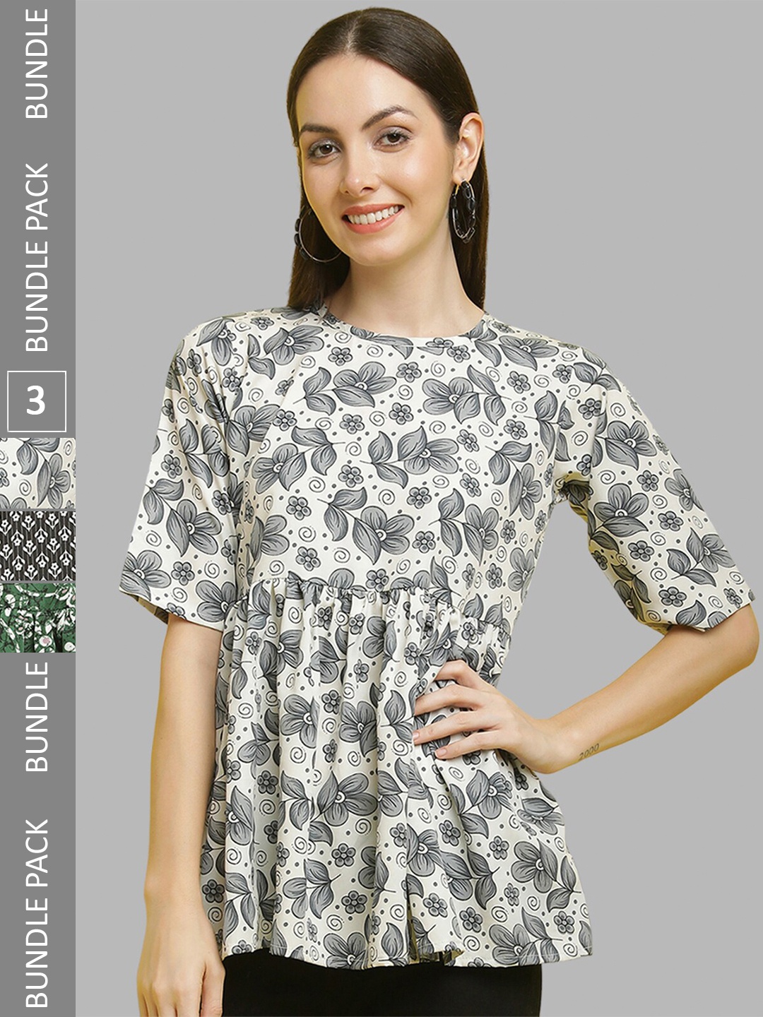 

Poshyaa Pack Of 3 Floral Printed Flutter Sleeve Crepe Tops, Green