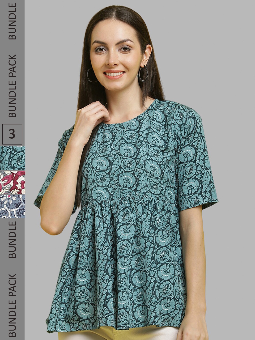 

Poshyaa Pack Of 3 Floral Printed Empire Top, Green