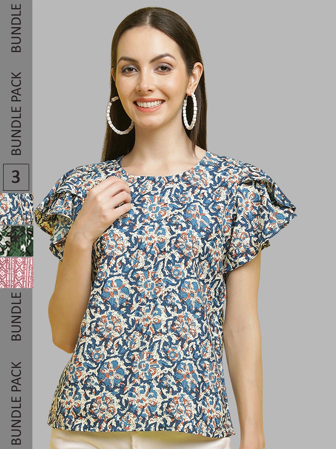 

Poshyaa Pack Of 3 Floral Printed Empire Top, Blue