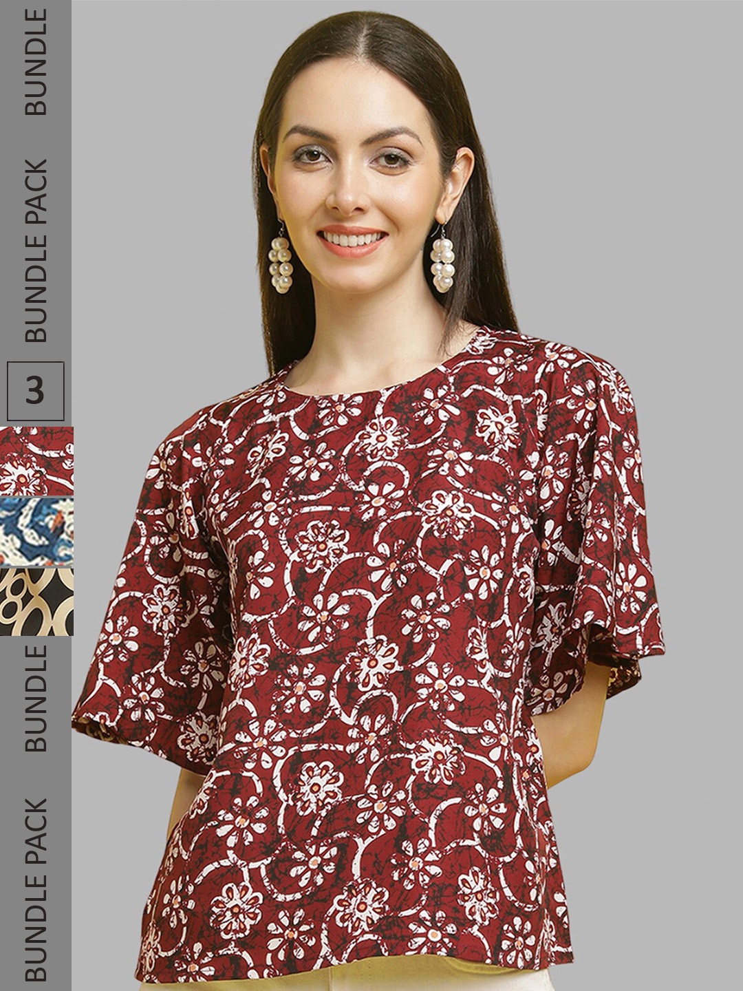 

Poshyaa Pack Of 3 Floral Printed Tops, Red