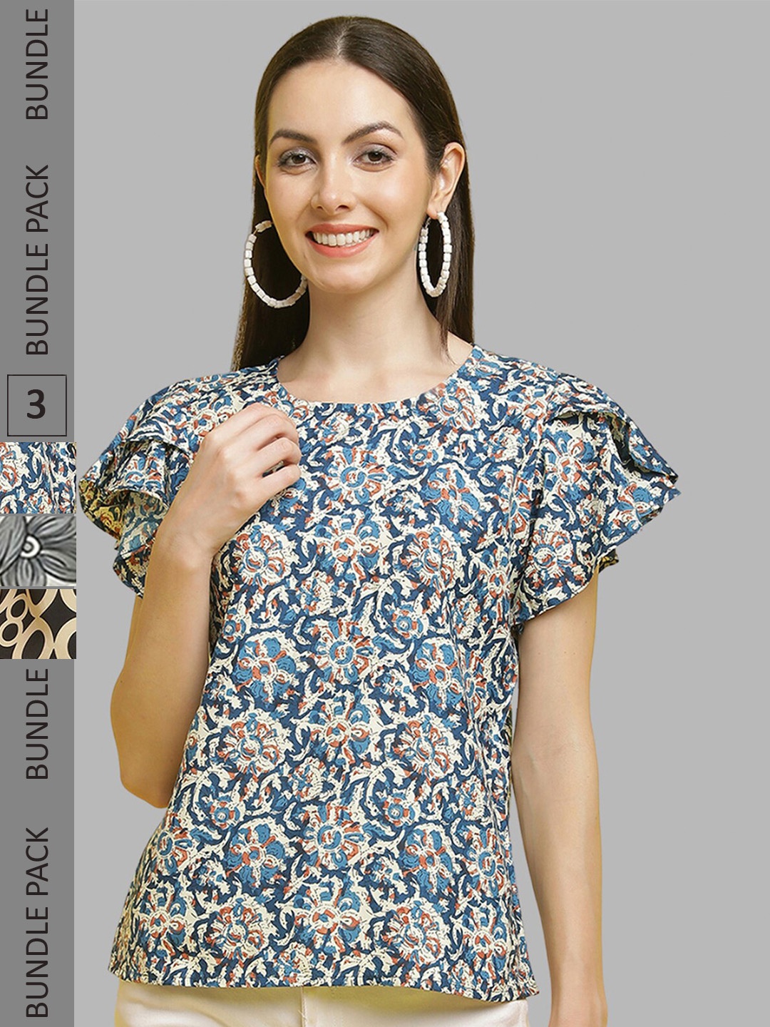 

Poshyaa Pack Of 3 Floral Printed Empire Top, Blue