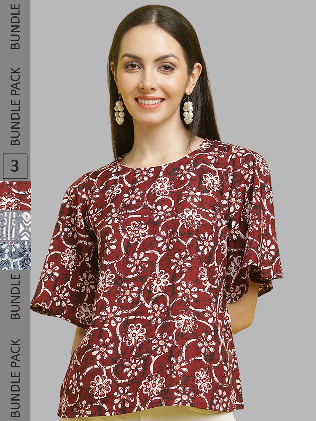

Poshyaa Pack Of 3 Printed Tops, Maroon