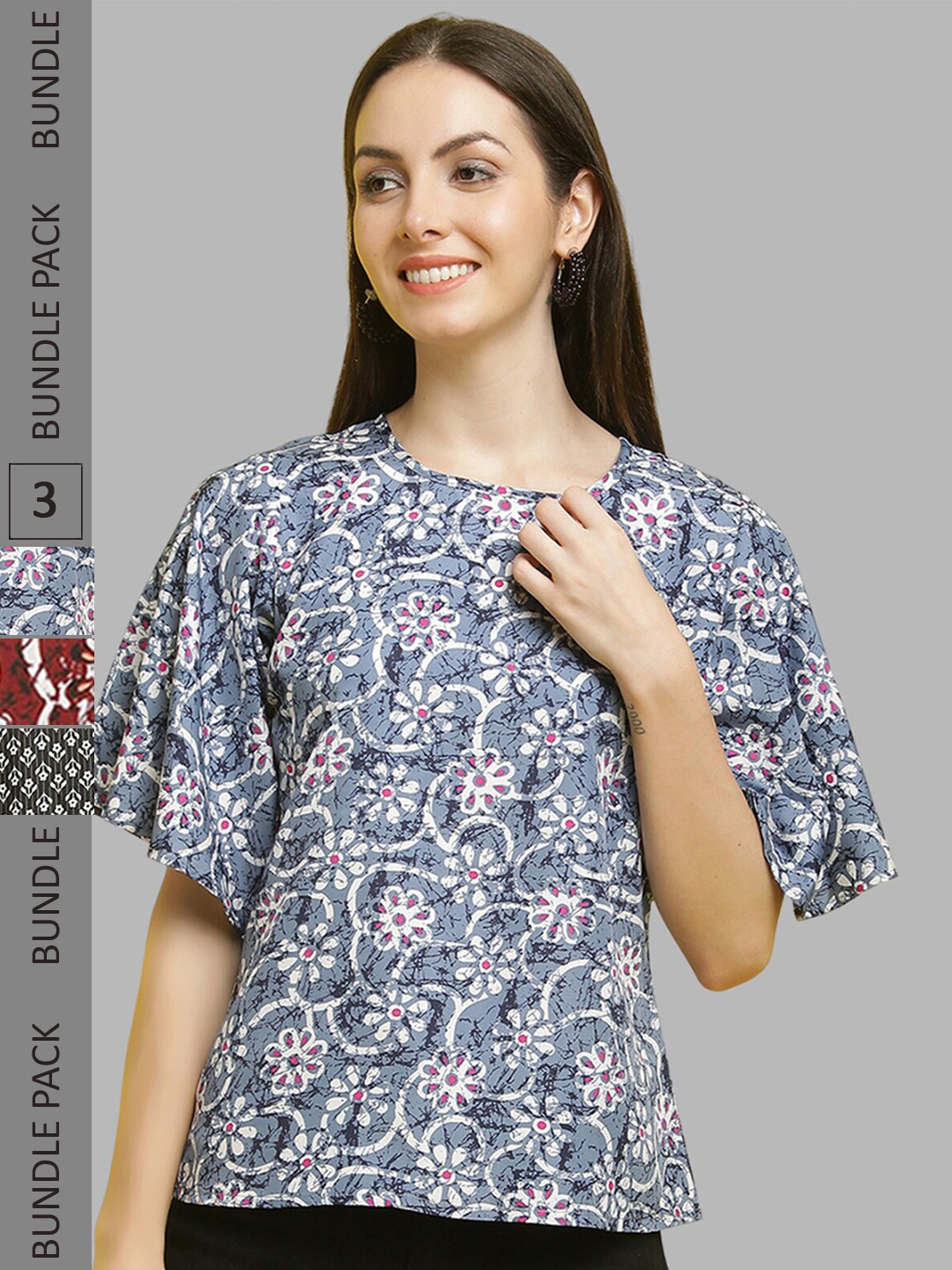 

Poshyaa Pack Of 3 Floral Printed Flared Sleeves Top, Grey