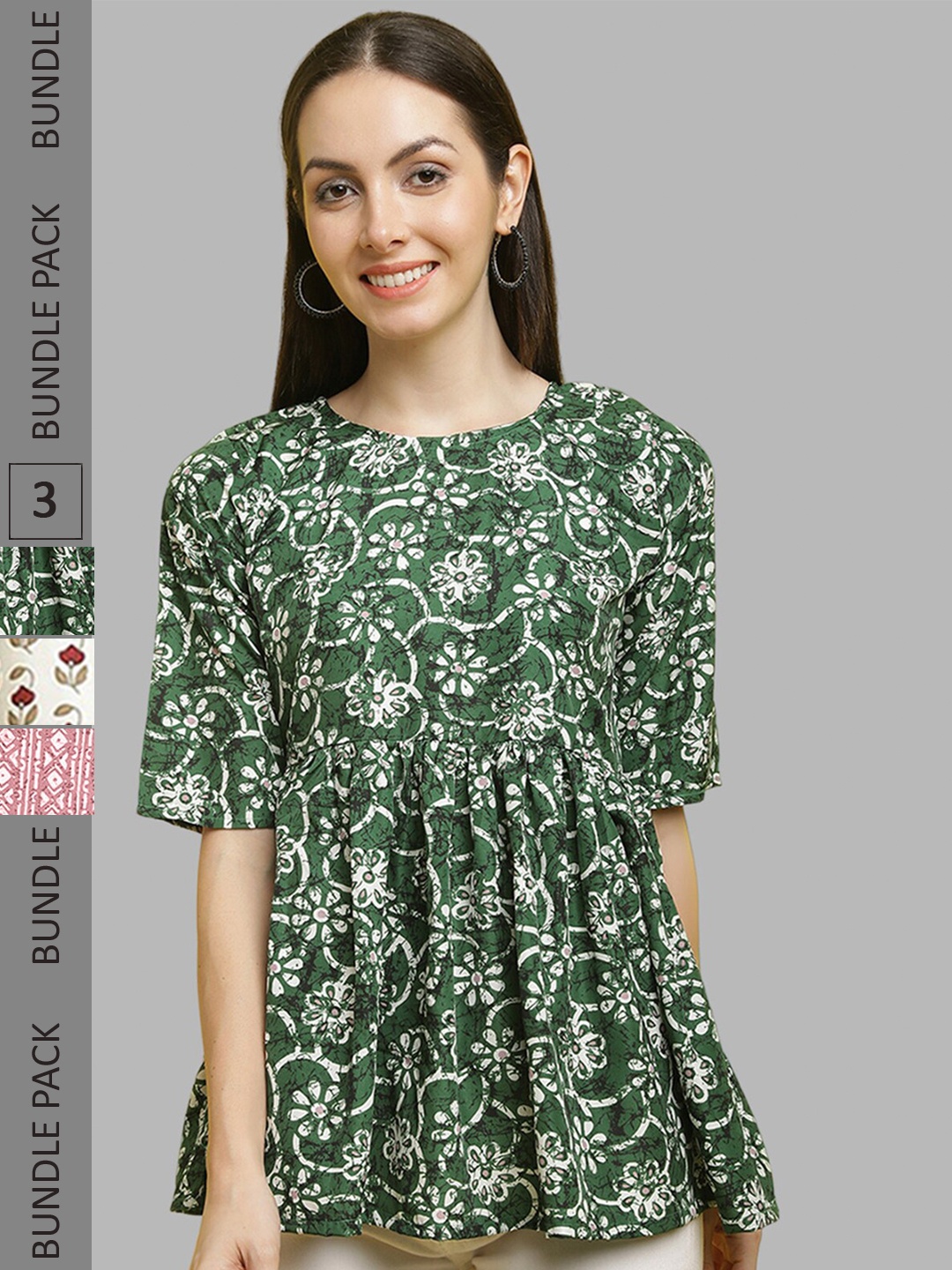 

Poshyaa Pack Of 3 Floral Printed Empire Top, Green