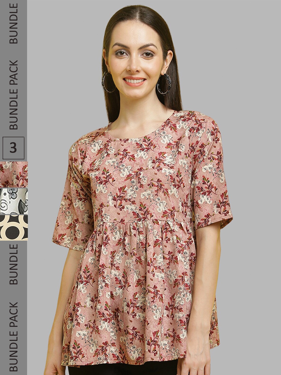 

Poshyaa Pack Of 3 Printed Round Neck Tops, Peach