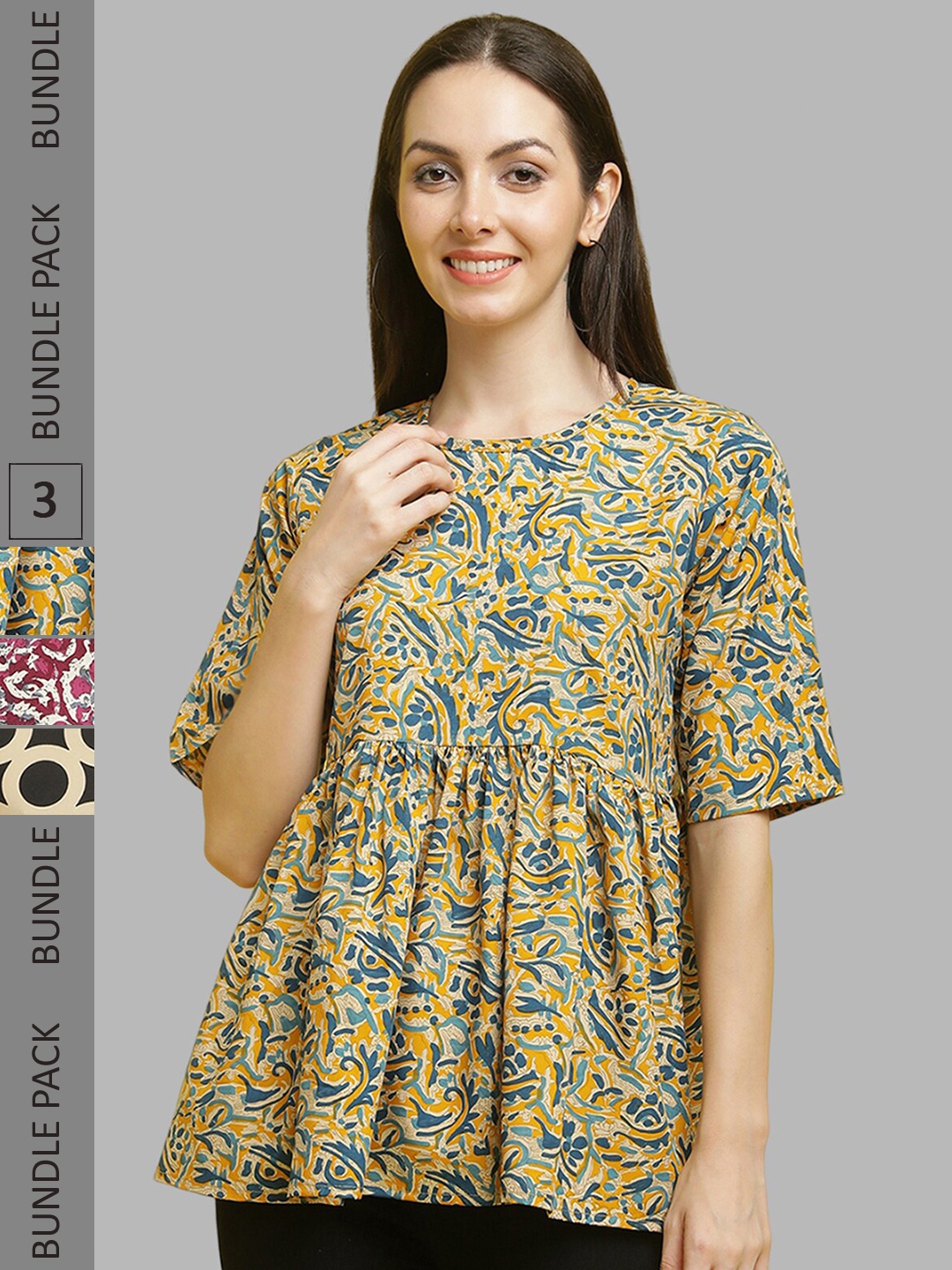 

Poshyaa Pack Of 3 Printed Round Neck Tops, Yellow
