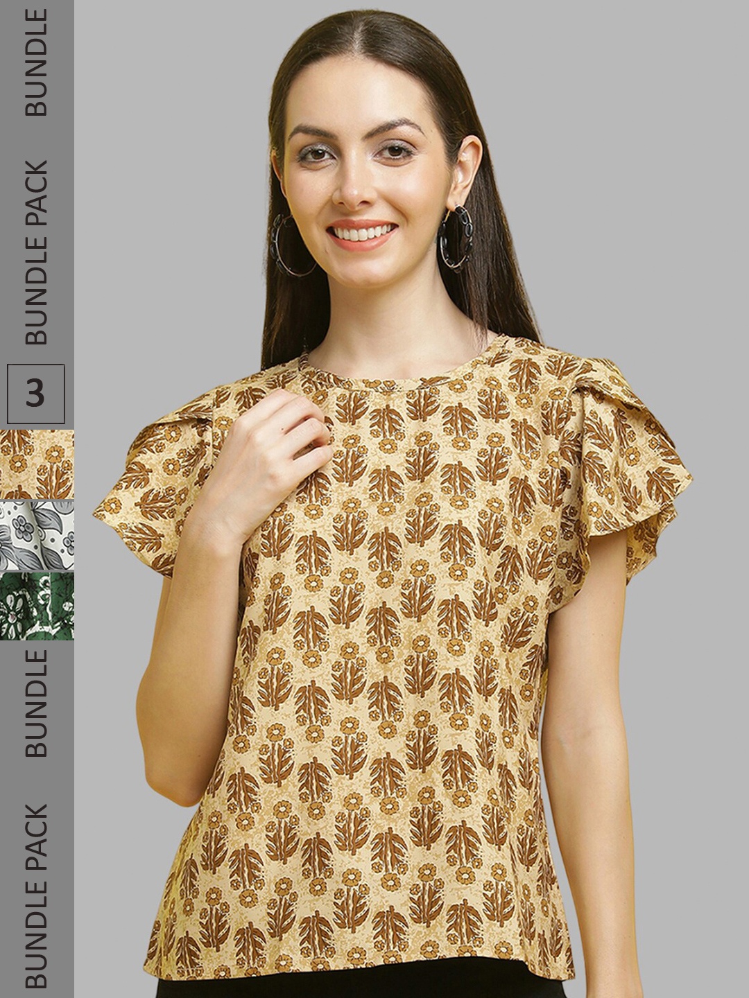 

Poshyaa Pack Of 3 Floral Printed Flutter Sleeves Crepe Regular Tops, Mustard