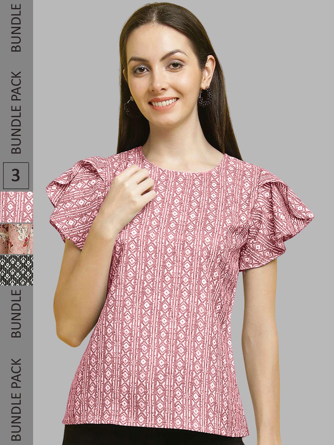 

Poshyaa Pack Of 3 Printed Crepe Tops, Pink