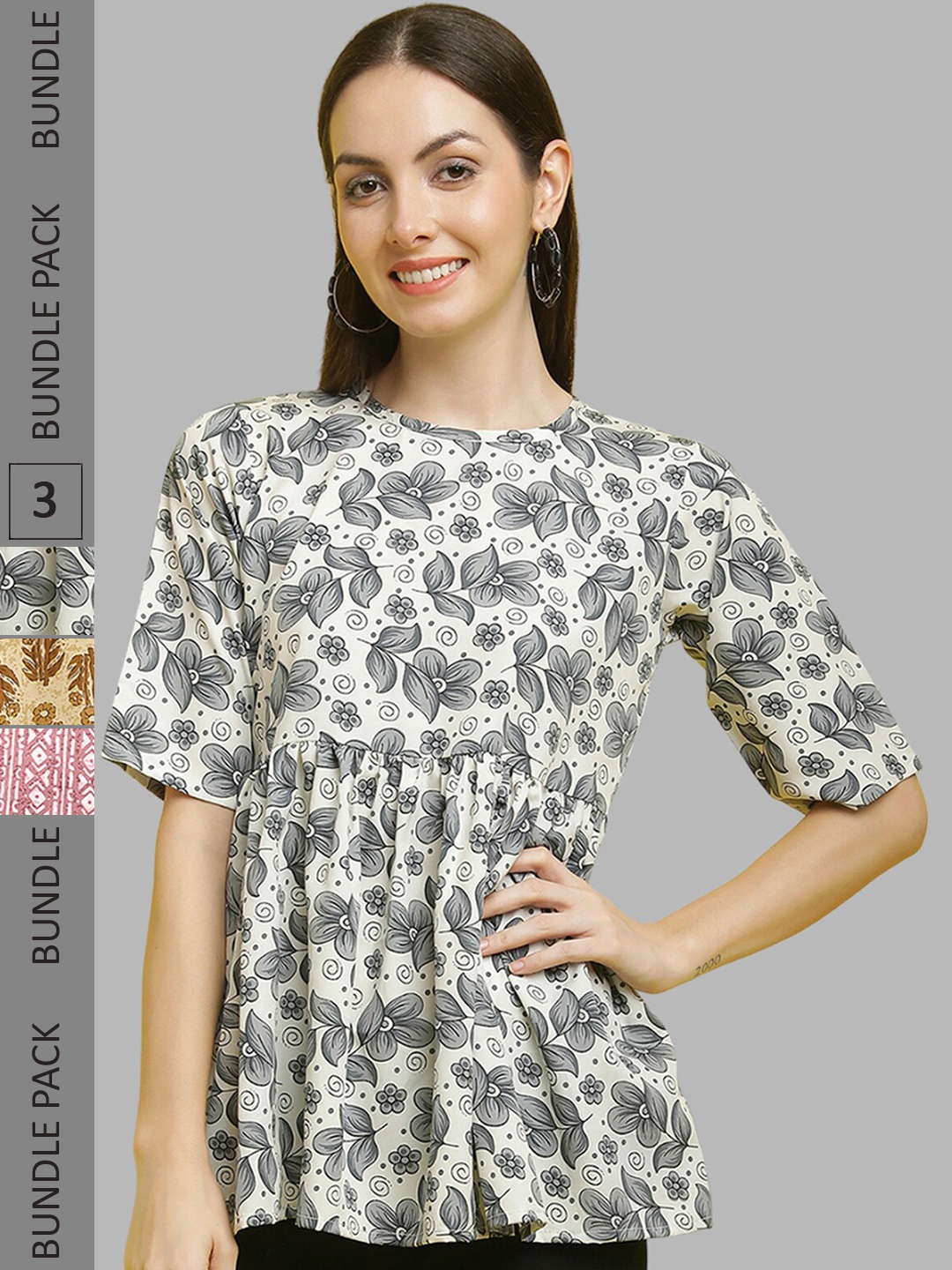 

Poshyaa Pack Of 3 Printed Crepe Tops, Beige