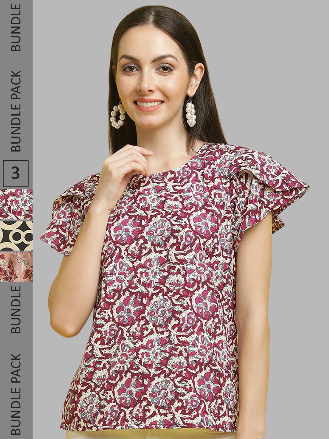 

Poshyaa Pack Of 3 Printed Crepe Tops, Pink
