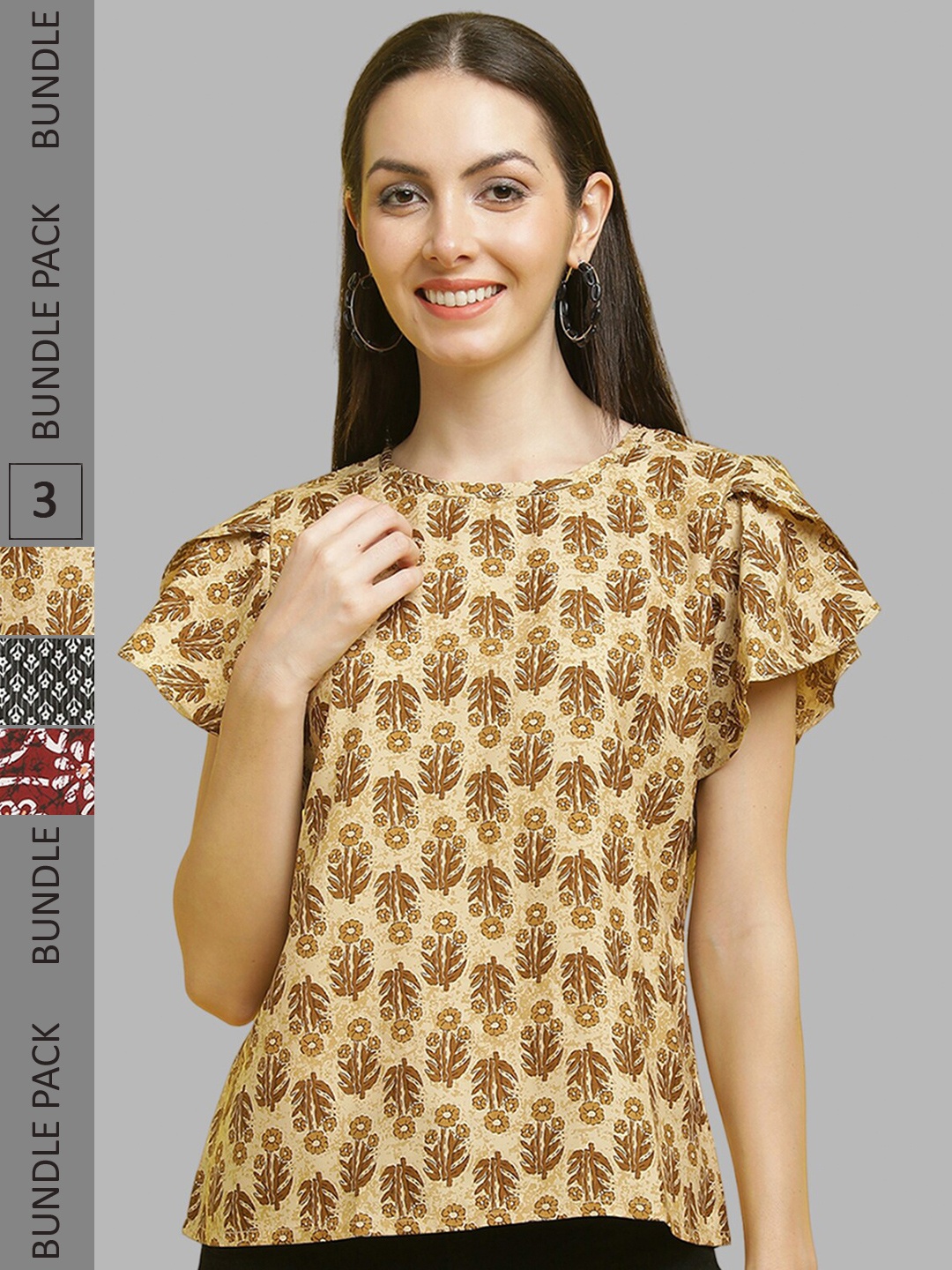 

Poshyaa Pack Of 3 Floral Printed Crepe Tops, Brown