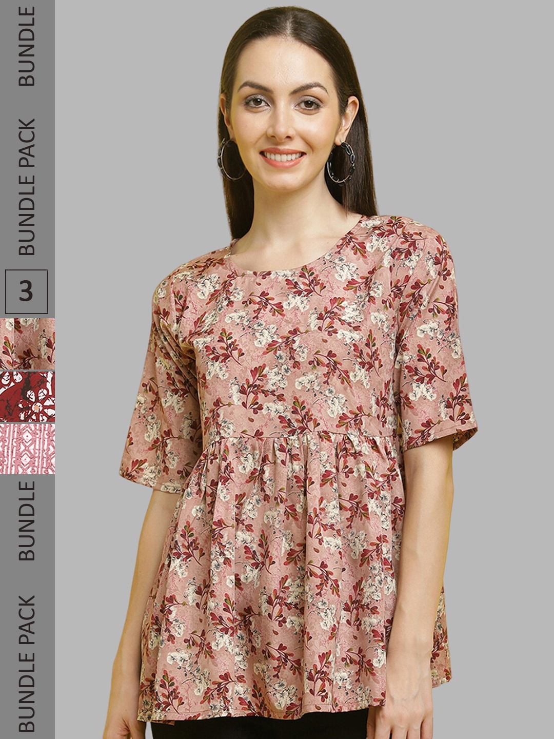

Poshyaa Pack Of 3 Printed Crepe Tops, Pink