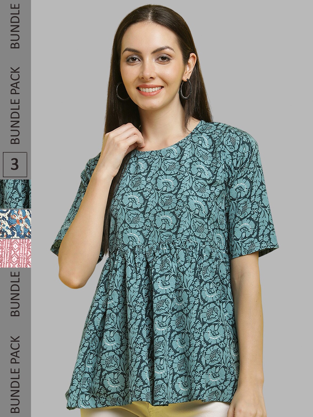 

Poshyaa Pack Of 3 Printed Crepe Tops, Green