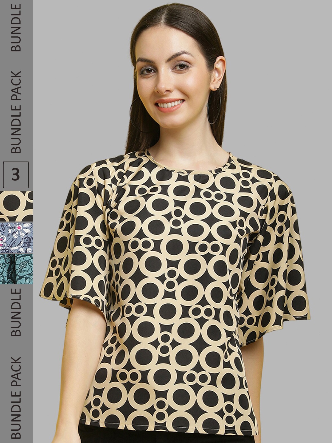 

Poshyaa Pack of 3 Printed Flared Sleeve Crepe Tops, Beige