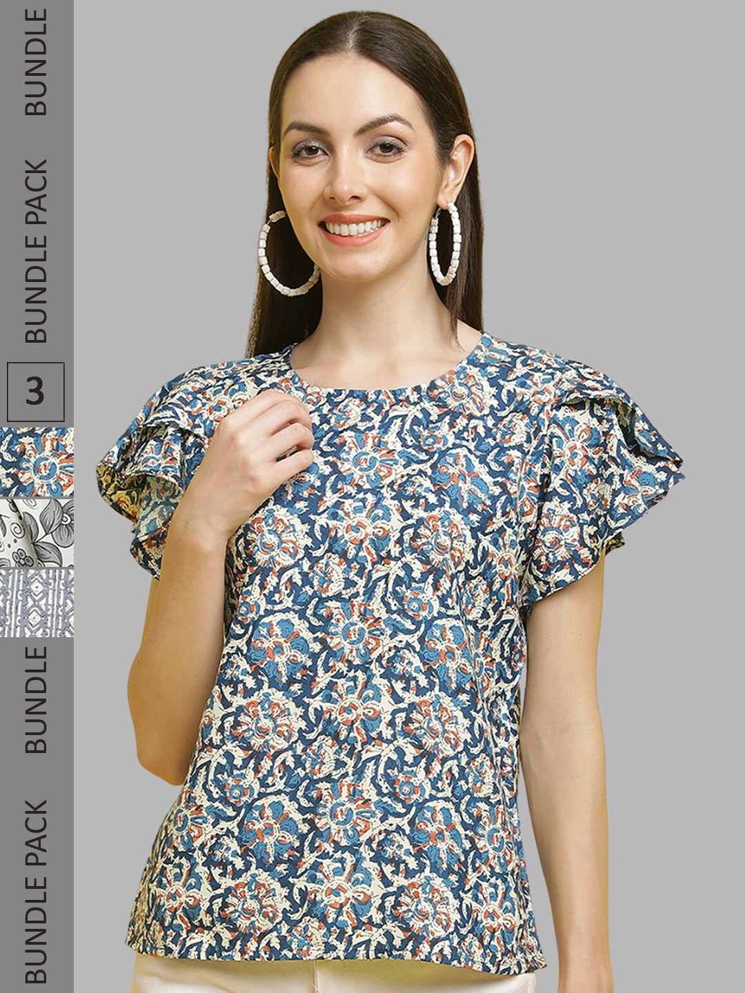

Poshyaa Pack of 3 Printed Crepe Tops, Blue