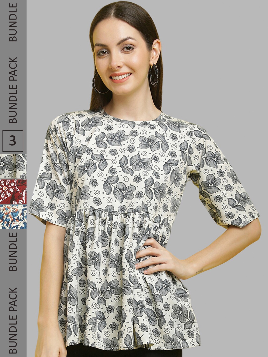 

Poshyaa Pack of 3 Ethnic Motifs Printed Crepe Tops, Off white
