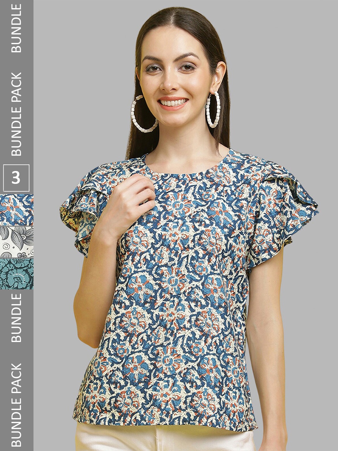 

Poshyaa Pack Of 3 Floral Printed Flutter Sleeve Crepe Top, Blue