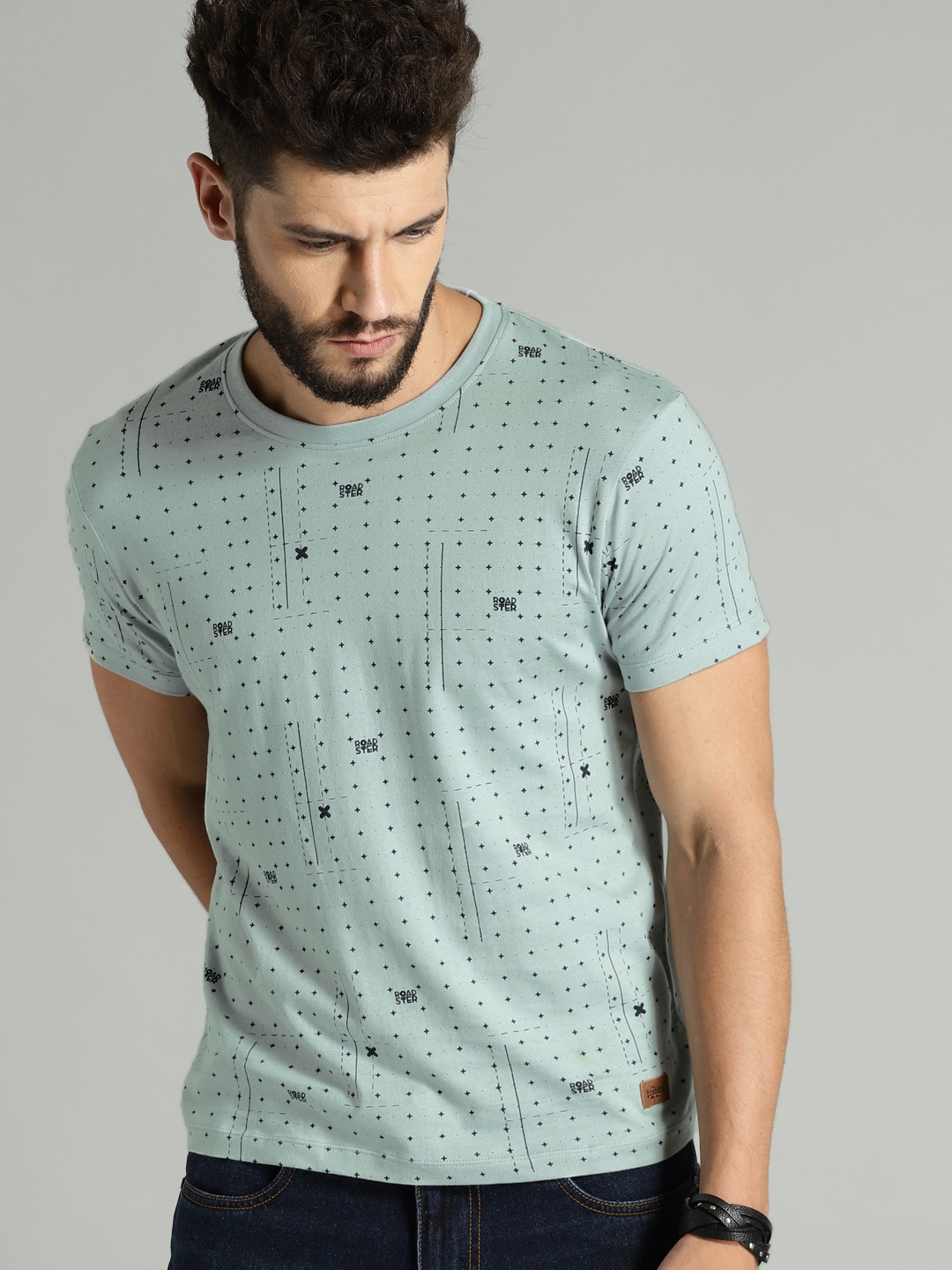 

Roadster Men Blue All-Over-Printed Round Neck Pure Cotton T-shirt