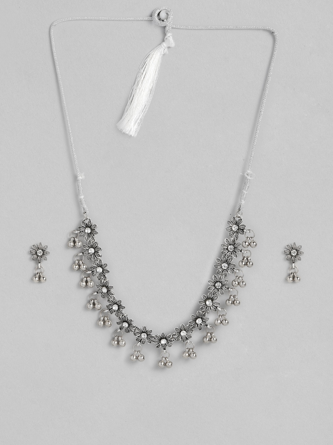 

Sangria Artificial Stone Studded Necklace with Earrings, Silver