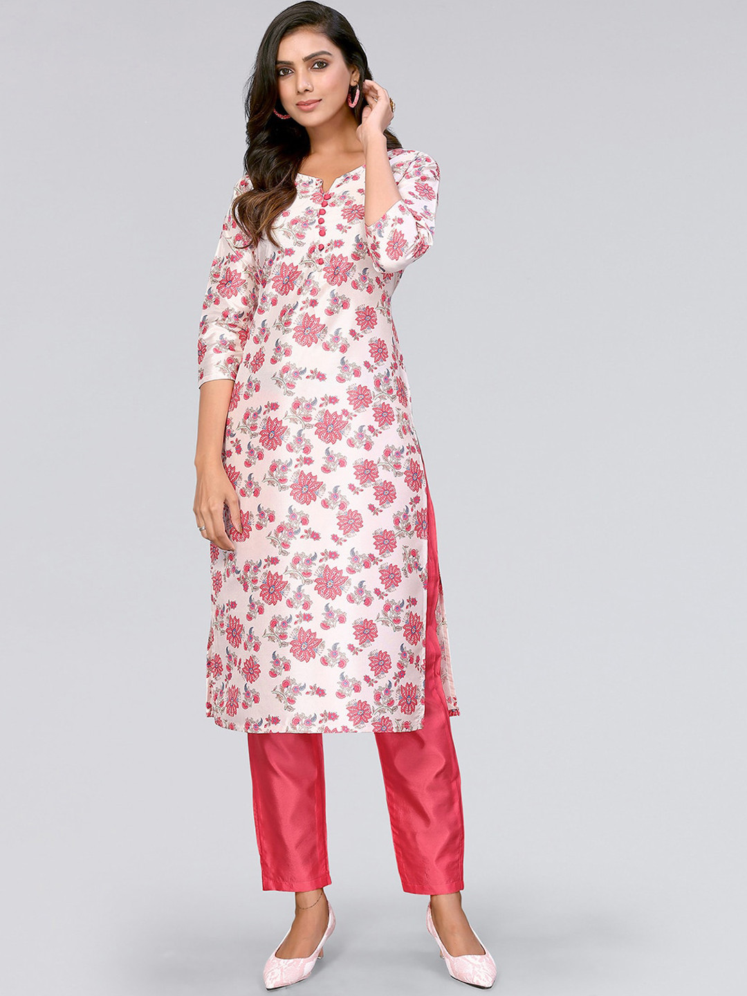 

KALINI Floral Printed Round Neck Regular Kurta with Trousers, Peach