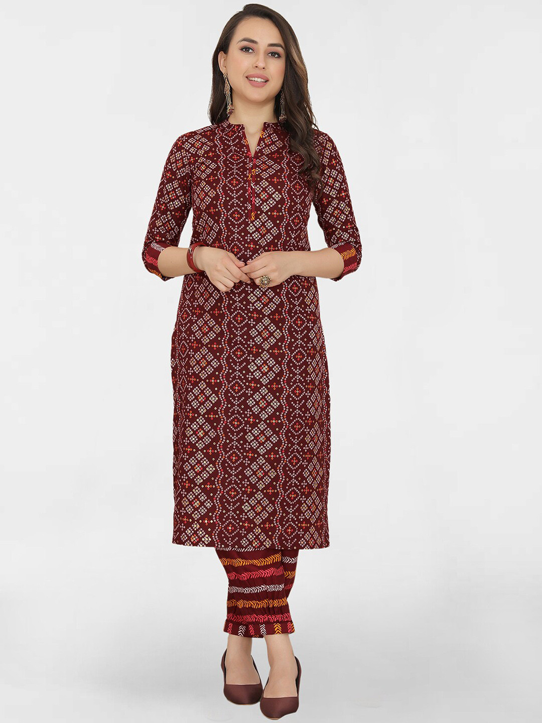 

KALINI Bandhani Printed Regular Kurta with Trousers, Maroon