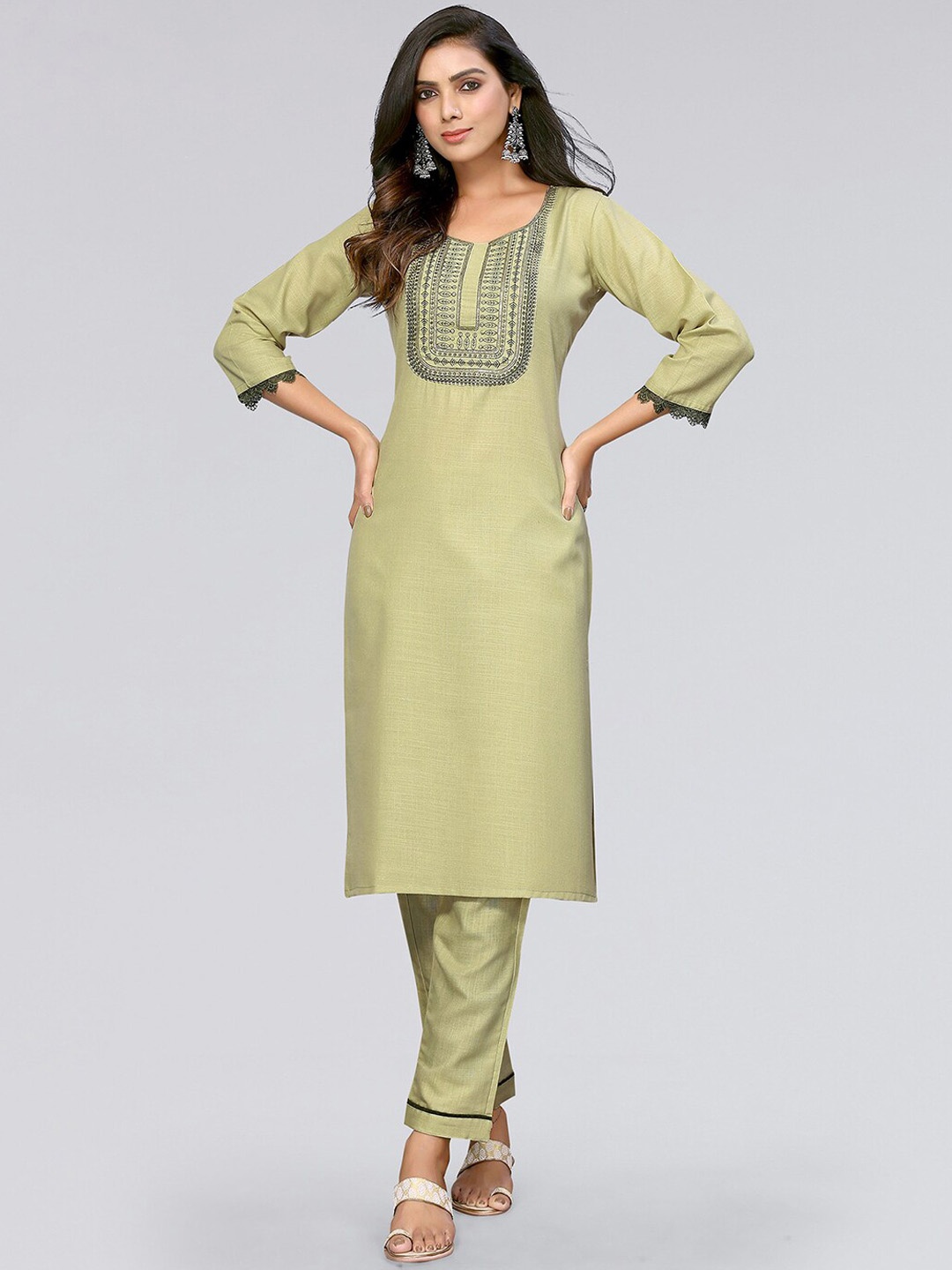 

KALINI Ethnic Motifs Embroidered Thread Work Kurta with Trousers, Lime green