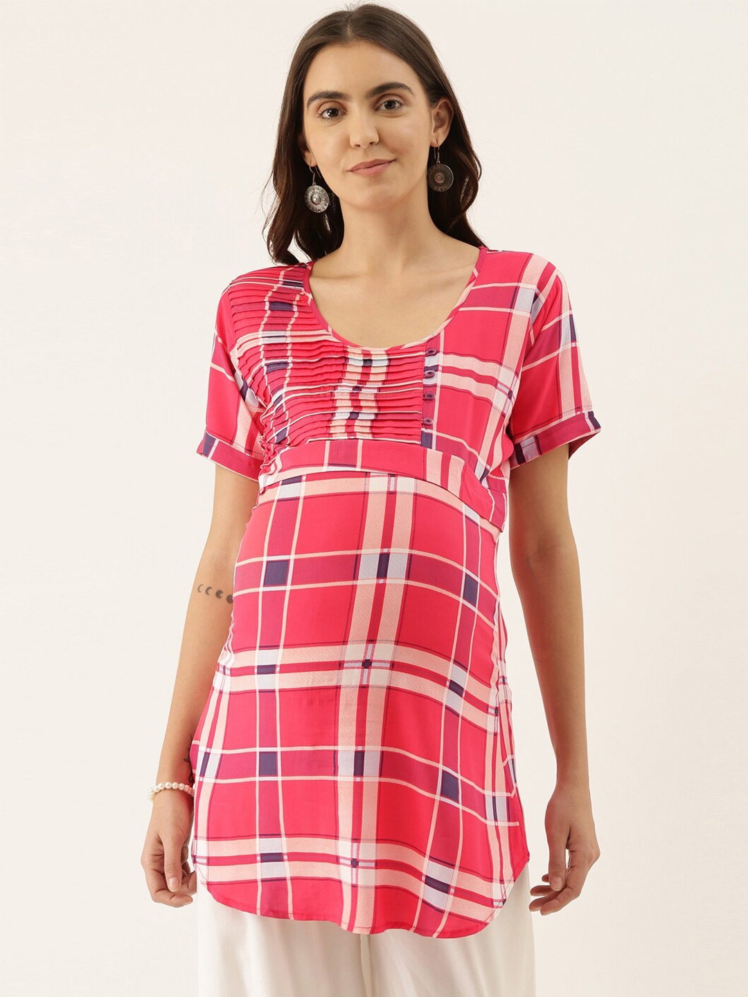 

GOLDSTROMS Checked Round Neck Maternity Tunic, Peach