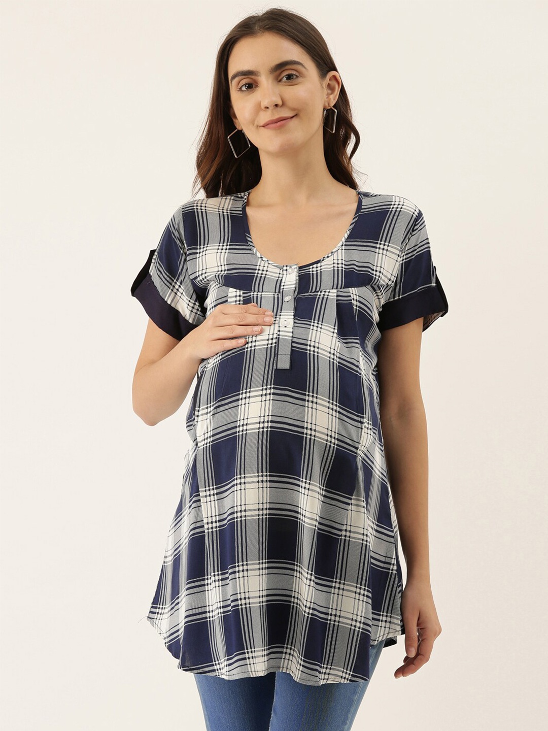 

GOLDSTROMS Checked Round Neck Roll-Up Sleeves Maternity Tunic, Navy blue