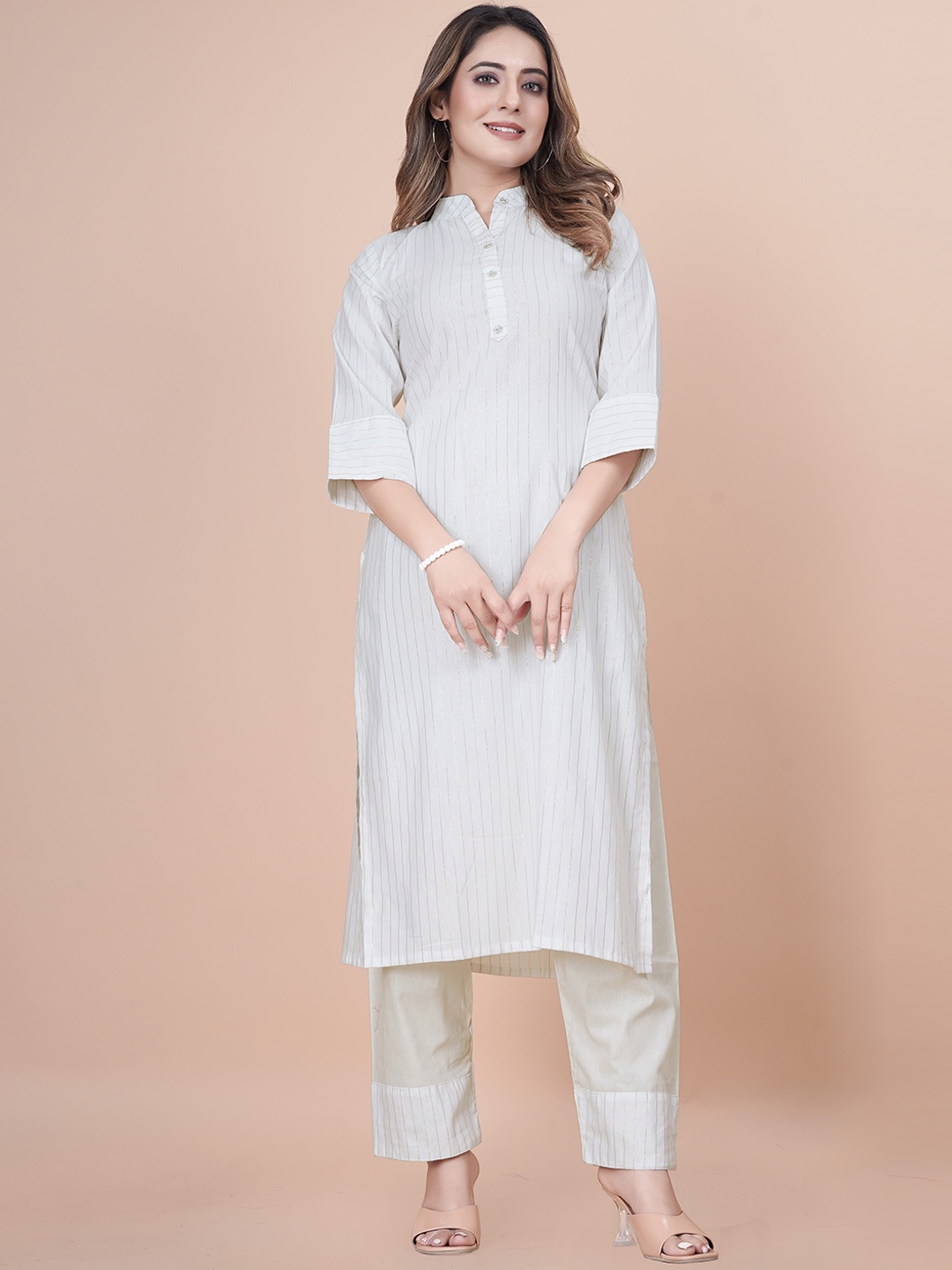 

KALINI Striped Straight Pure Cotton Kurta with Trousers, White