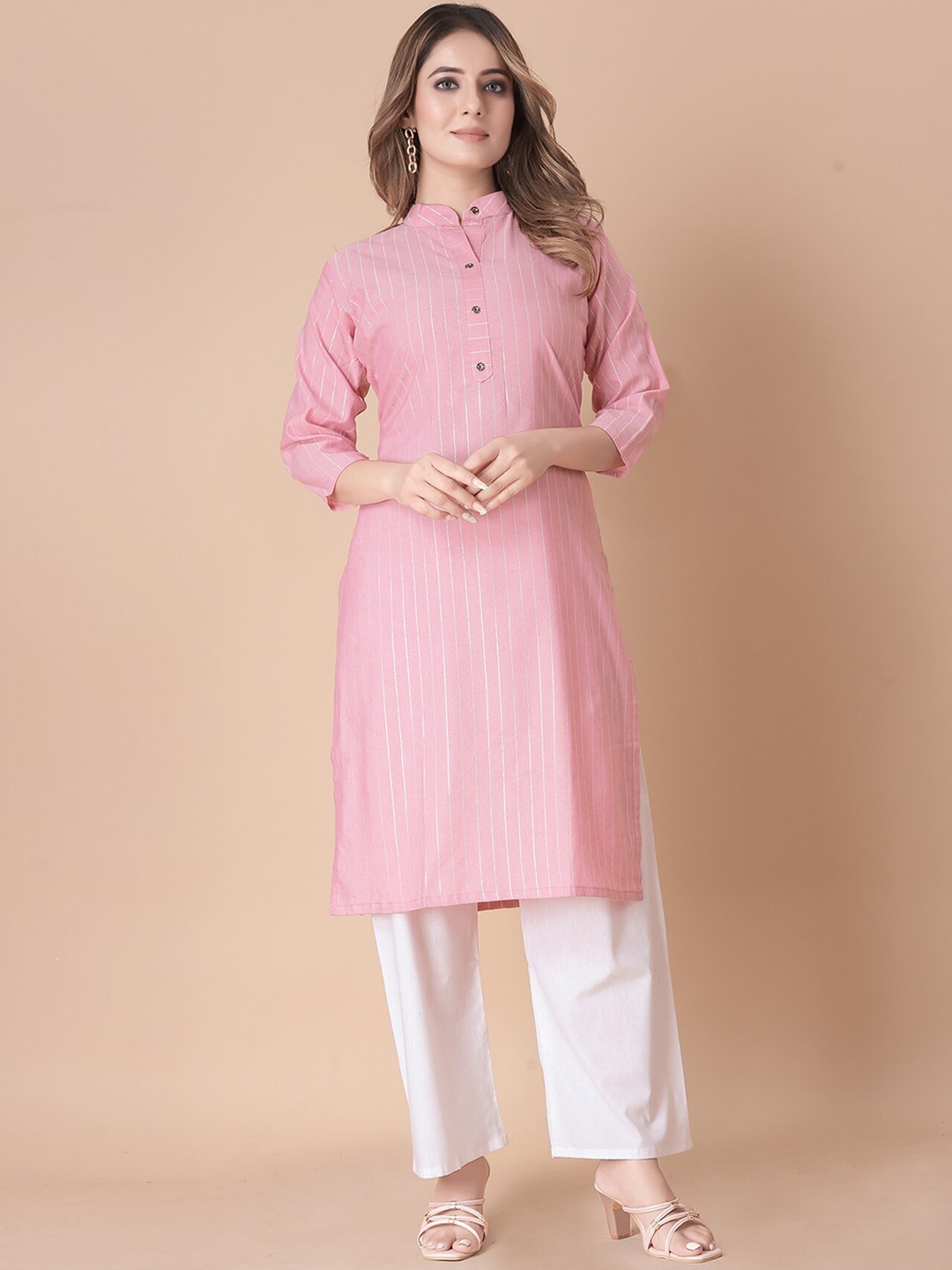 

KALINI Striped Mandarin Collar Pure Cotton Kurta with Palazzos, Pink