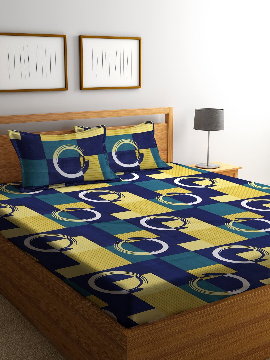 

Fashion String Yellow & Blue Geometric Microfiber 144 TC Queen Bedsheet & 2 Pillow Covers