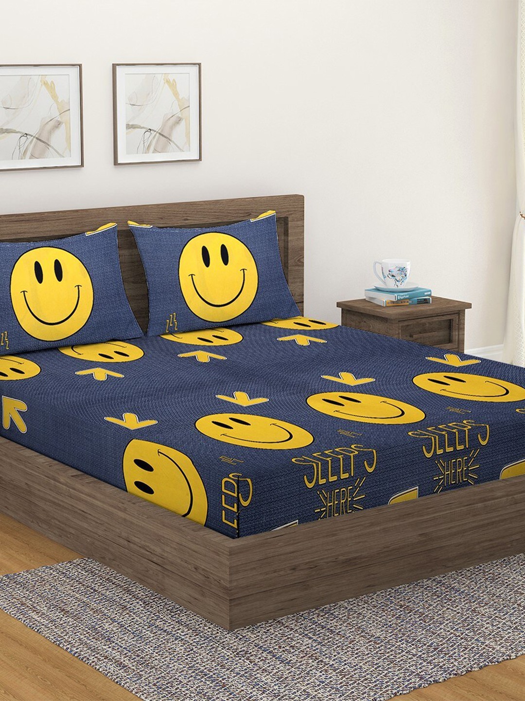 

Fashion String Yellow & Grey Printed Microfiber 144 TC Queen Bedsheet With 2 Pillow Covers