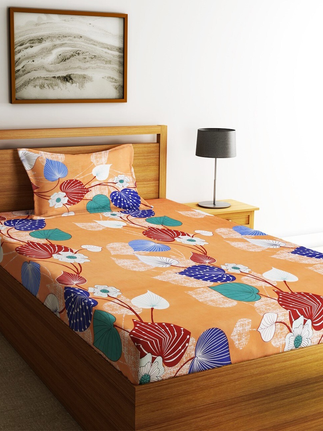 

Fashion String Peach & Blue Floral 144 TC Microfiber Single Bedsheet With 1 Pillow Cover