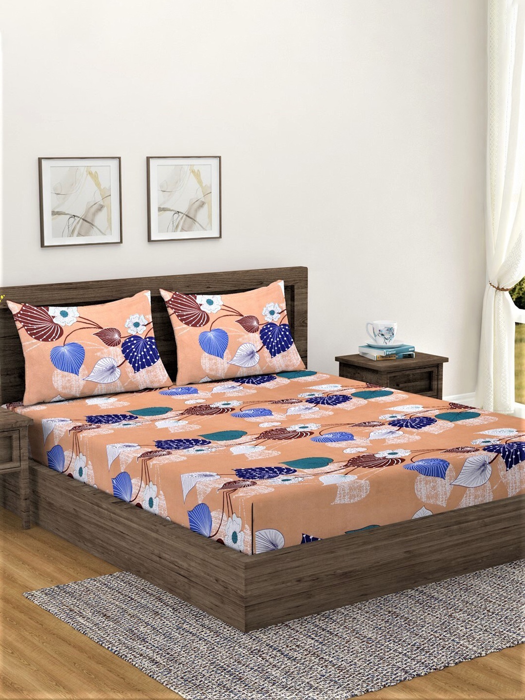 

Fashion String Peach & Blue Floral 144 TC Microfiber Queen Bedsheet with 2 Pillow Covers