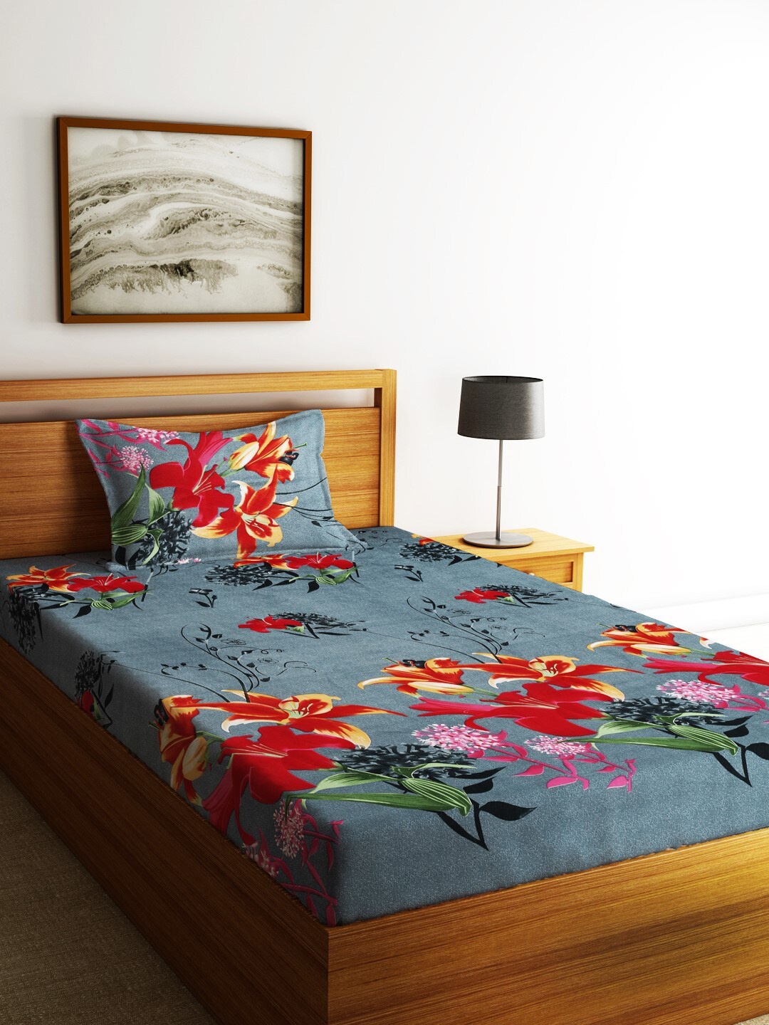 

Fashion String Grey & Red Printed 144 TC Single Bedsheet with 1 Pillow Cover