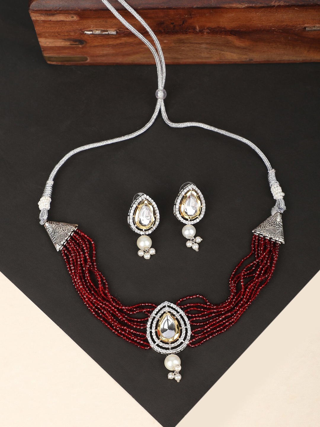 

ZaffreCollections Gold-Plated American Diamond Studded & Beaded Necklace With Earrings, Silver